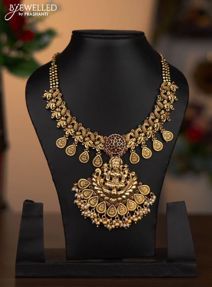 Antique necklace lakshmi design with kemp stones and pearl & golden beads hanging without earrings