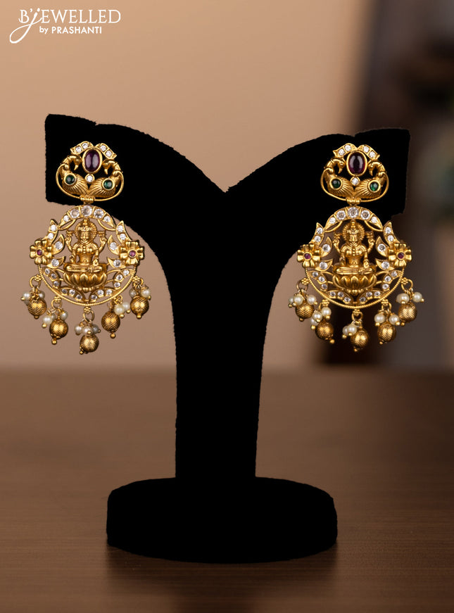 Antique necklace lakshmi design with kemp & cz stones and pearl & golden beads hanging