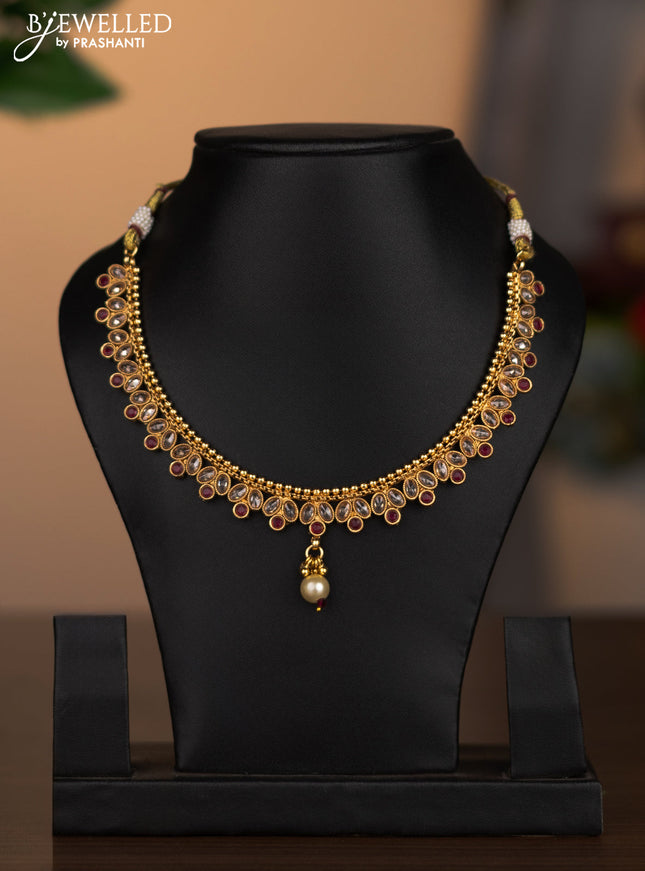 Antique necklace with pink kemp & cz stones and pearl hanging without earrings