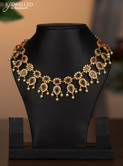 Antique necklace with multicolour & cz stones and pearl hangings without earrings
