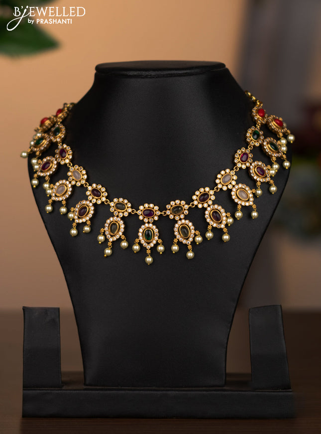 Antique necklace with multicolour & cz stones and pearl hangings without earrings