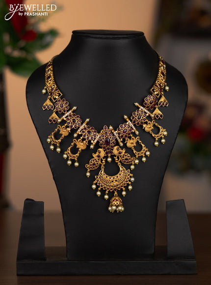 Antique necklace peacock design with pink kemp & cz stones and pearl hangings without earrings