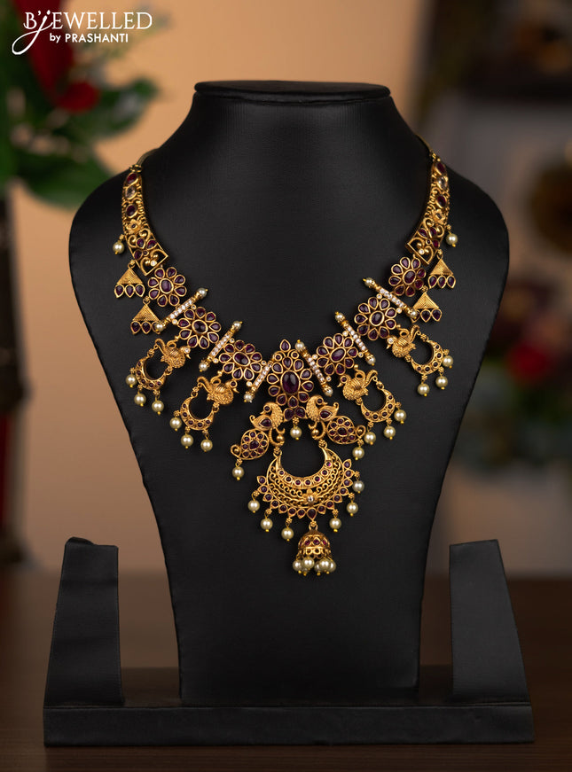 Antique necklace peacock design with pink kemp & cz stones and pearl hangings without earrings