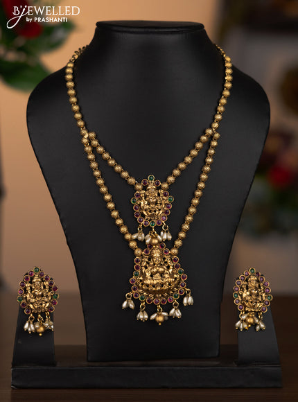 Antique double layer necklace lakshmi design with kemp stones and pearl hangings
