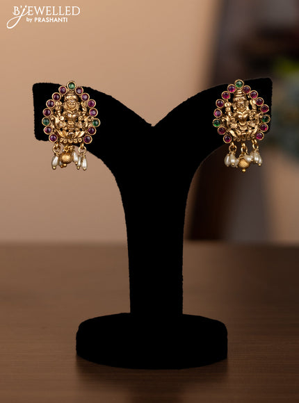 Antique double layer necklace lakshmi design with kemp stones and pearl hangings