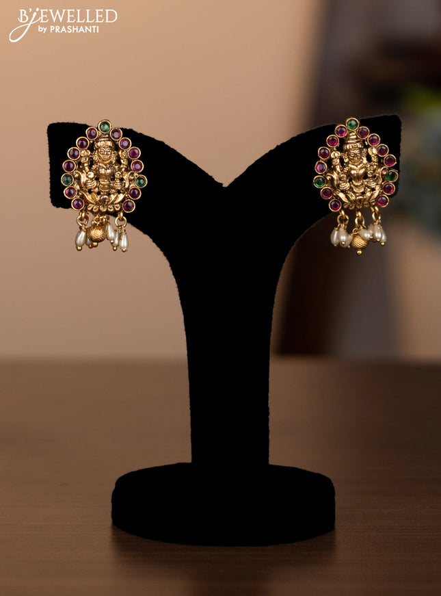 Antique double layer necklace lakshmi design with kemp stones and pearl hangings