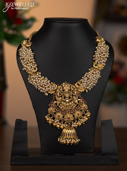 Antique necklace lakshmi design with kemp stones and pearl & golden beads hangings without earrings