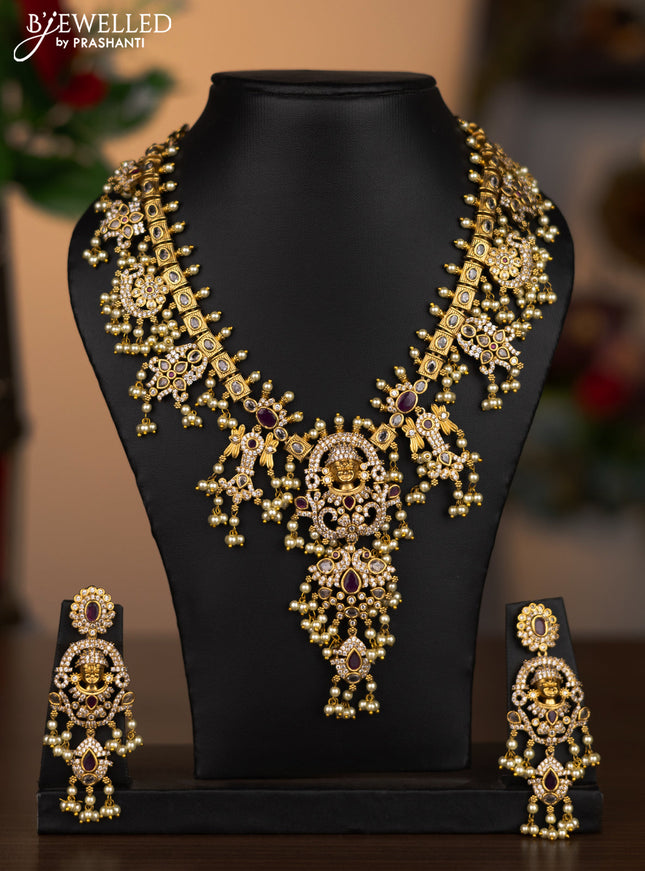 Antique guttapusalu necklace tirupati balaji pendant with pink kemp & cz stones and pearl hangings