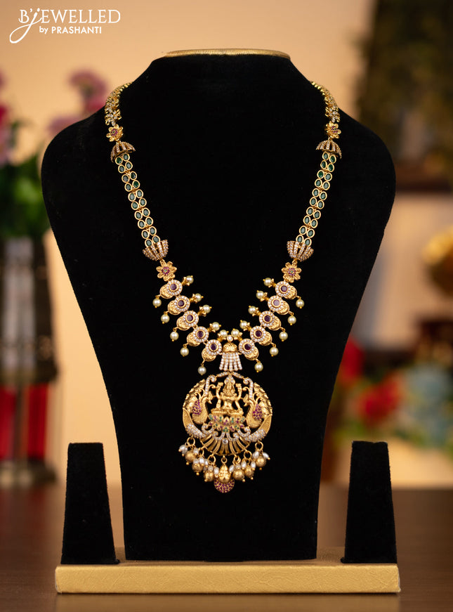 Antique haaram lakshmi design with kemp & cz stones and pearl hangings without earrings