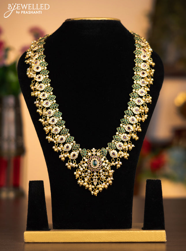 Antique haaram manga pattern with kemp & cz stones and pearl & golden beads hanging without earrings