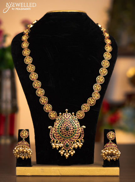 Antique haaram lakshmi design with kemp stones and pearl & golden beads hanging