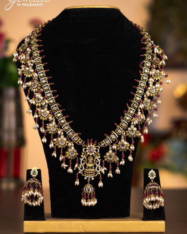 Antique haaram lakshmi pendant with kemp & cz stones and pearl & pink beads hanging