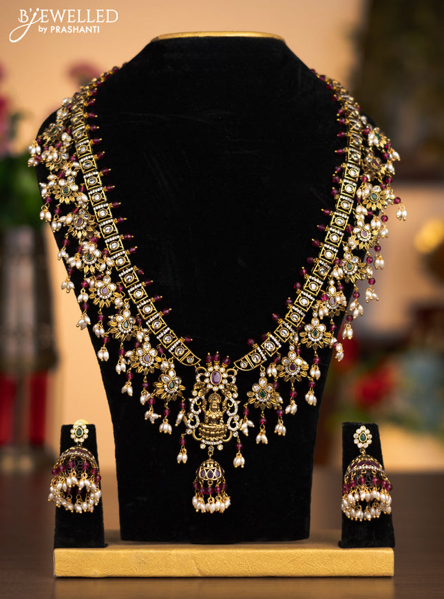 Antique haaram lakshmi pendant with kemp & cz stones and pearl & pink beads hanging