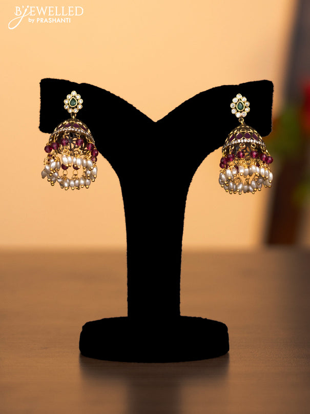 Antique haaram lakshmi pendant with kemp & cz stones and pearl & pink beads hanging