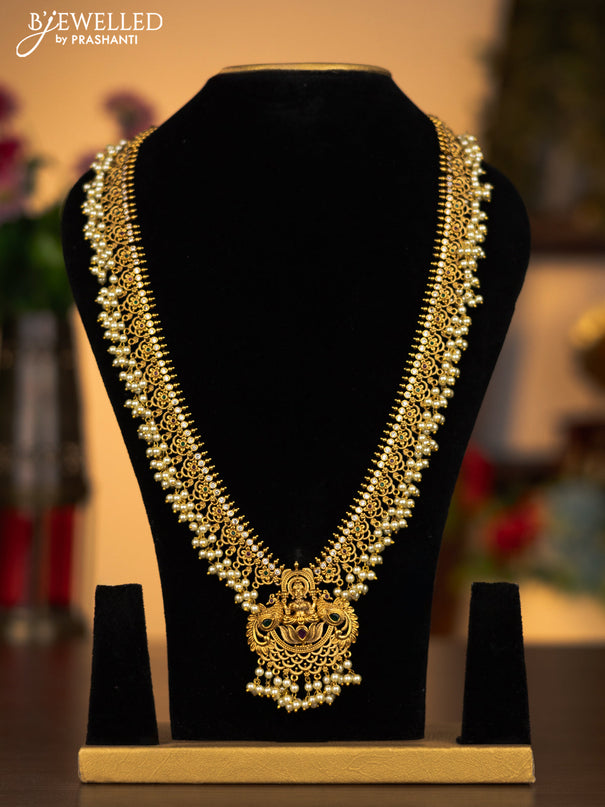 Antique haaram lakshmi pendant with kemp & cz stones and pearl hangings without earrings