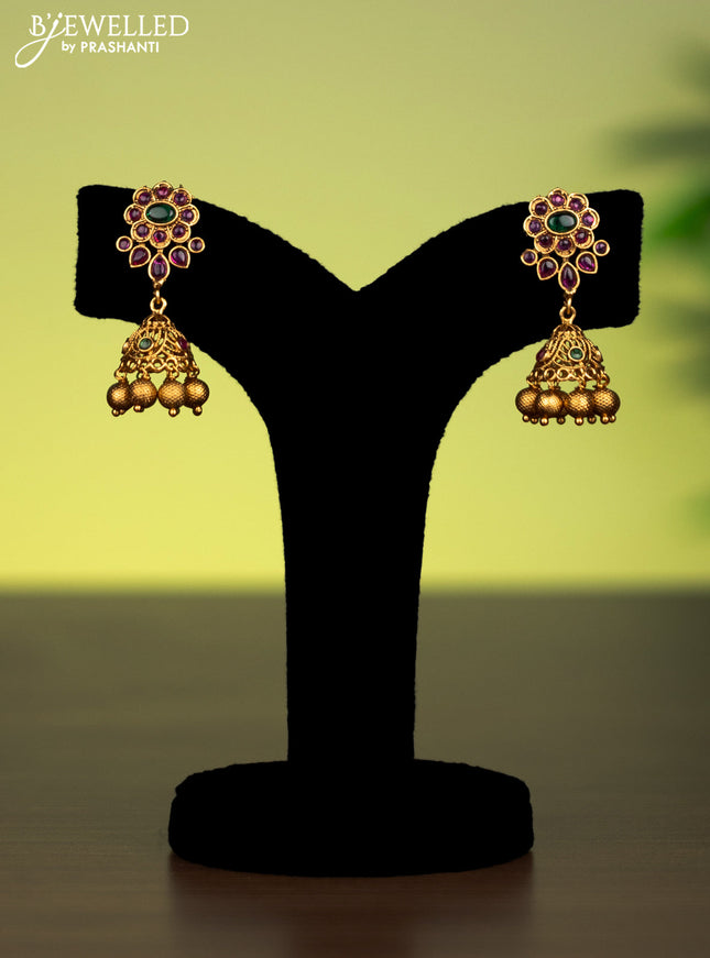 Antique attigai necklace shanku chakra & namam pendant with kemp stones and golden beads hanging