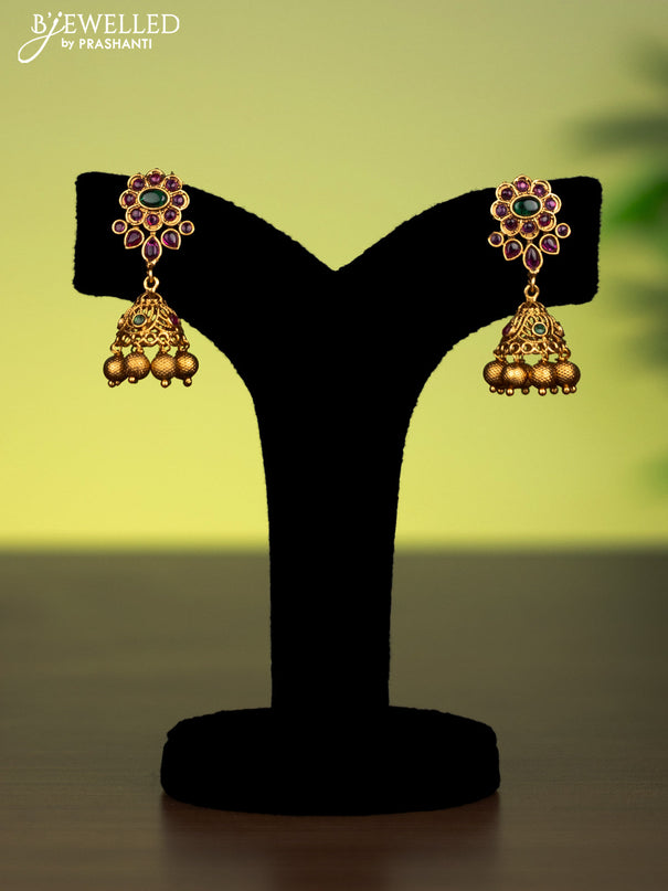 Antique attigai necklace shanku chakra & namam pendant with kemp stones and golden beads hanging