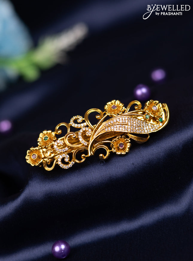 Antique hair clip medium size floral design with kemp and cz stones