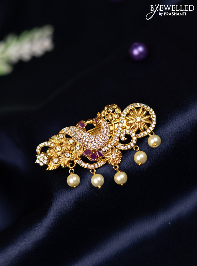 Antique hair clip medium size peacock design with kemp & cz stones and pearl hangings