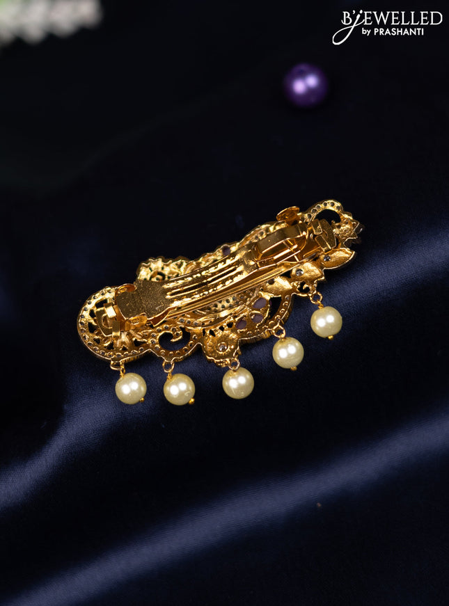 Antique hair clip medium size peacock design with kemp & cz stones and pearl hangings