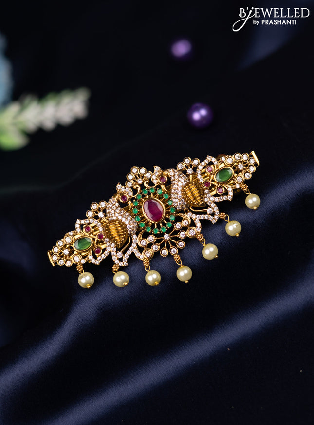 Antique hair clip medium size peacock design with kemp & cz stones and pearl hangings