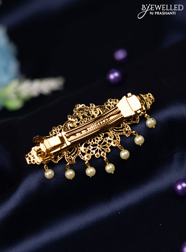 Antique hair clip medium size peacock design with kemp & cz stones and pearl hangings