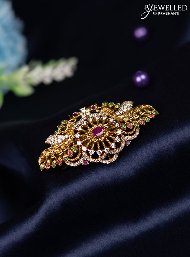 Antique hair clip small size peacock design with kemp and cz stones
