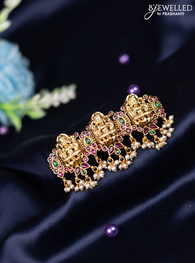 Antique hair clip medium size lakshmi design with kemp stones and pearl hangings