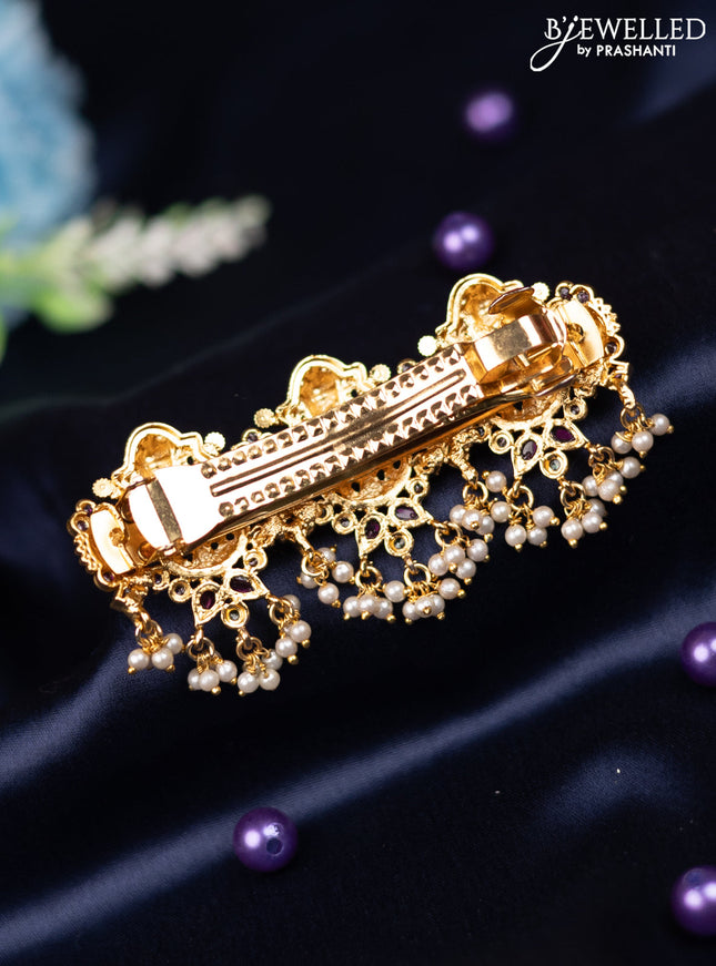 Antique hair clip medium size lakshmi design with kemp stones and pearl hangings