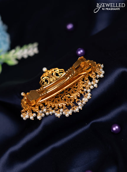 Antique hair clip medium size peacock design with kemp & cz stones and pearl hangings