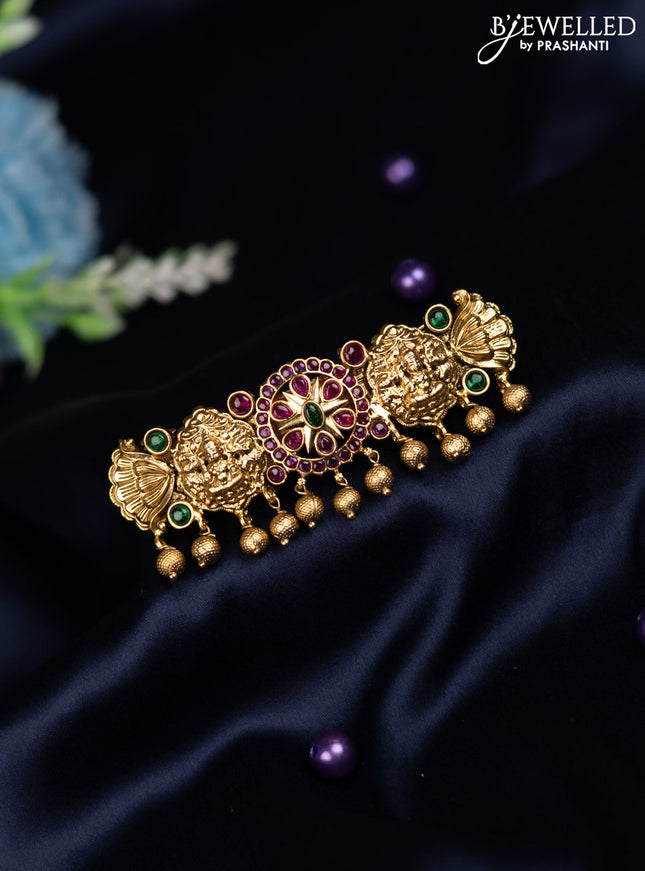 Antique hair clip medium size lakshmi design with kemp stones and golden beads hanging