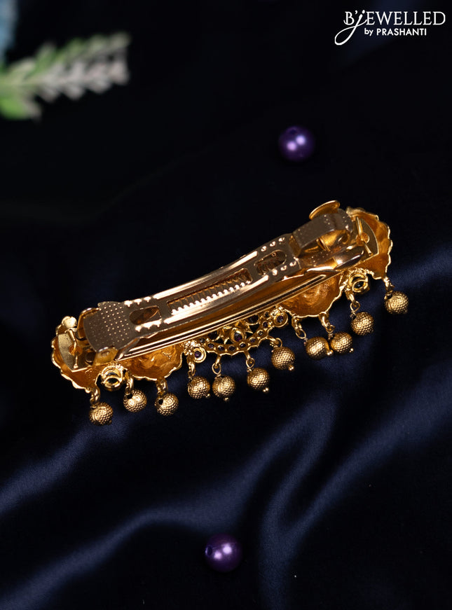 Antique hair clip medium size lakshmi design with kemp stones and golden beads hanging