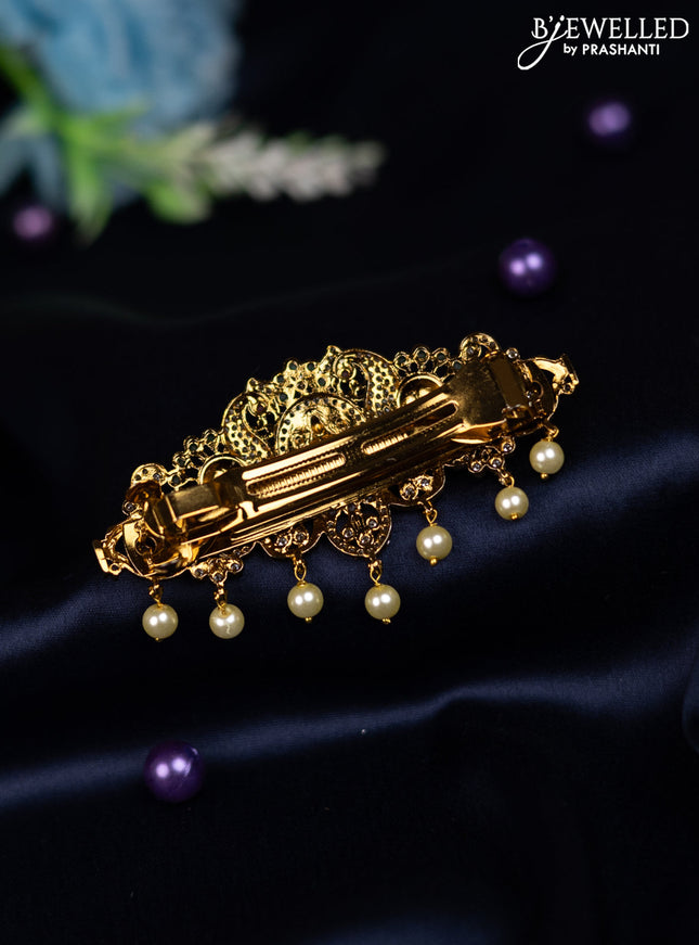 Antique hair clip medium size peacock & lakshmi design with kemp & cz stones and pearl hangings