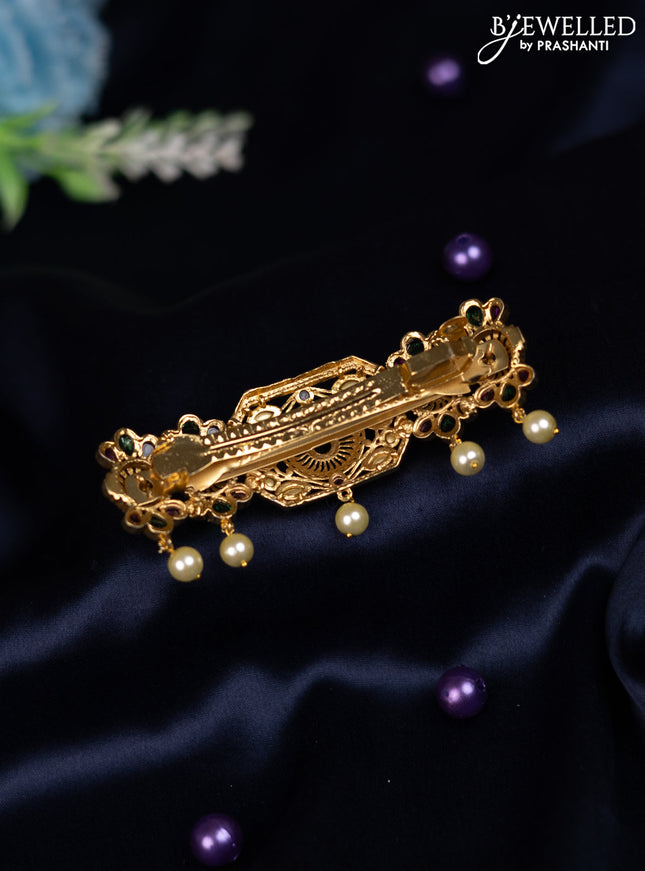 Antique hair clip medium size with kemp & kundan stones and pearl hangings