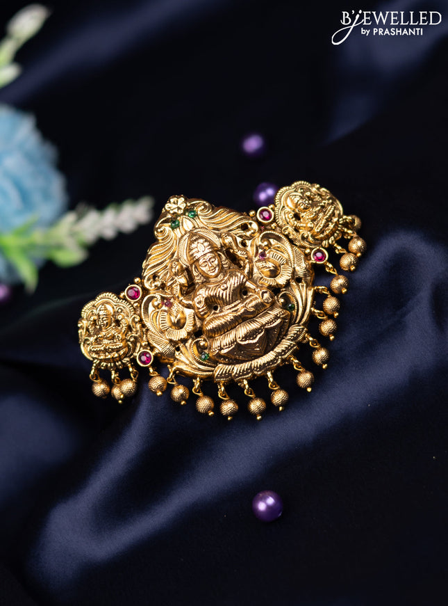 Antique hair clip big size lakshmi design with kemp stones and golden beads hanging