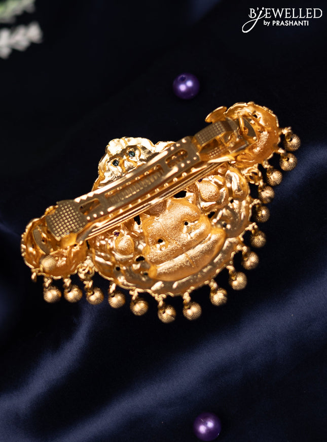 Antique hair clip big size lakshmi design with kemp stones and golden beads hanging
