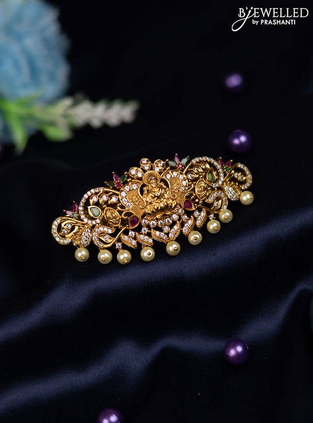 Antique hair clip medium size lakshmi design with kemp & cz stones and pearl hangings