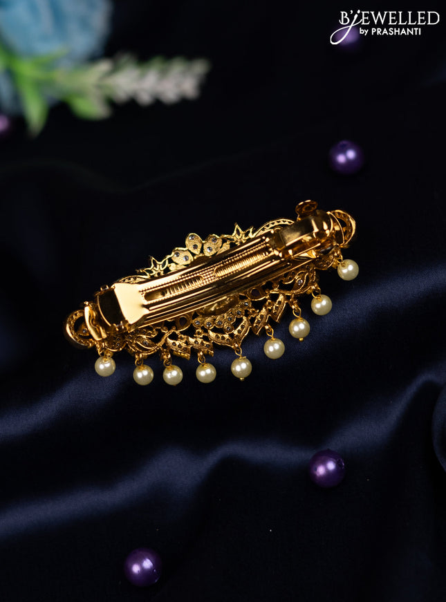 Antique hair clip medium size lakshmi design with kemp & cz stones and pearl hangings