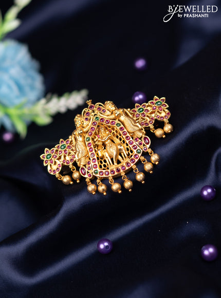 Antique hair clip big size krishna design with kemp stones and golden beads hanging