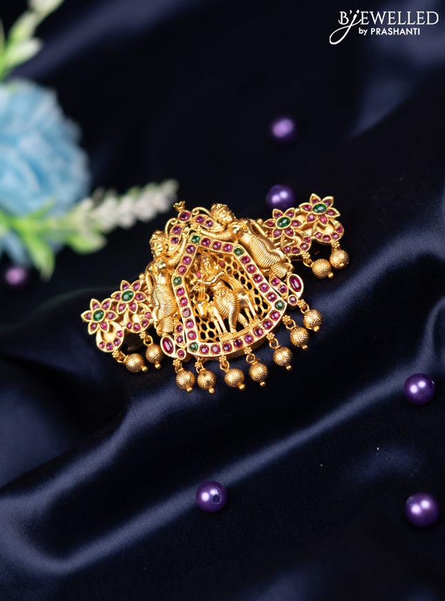 Antique hair clip big size krishna design with kemp stones and golden beads hanging