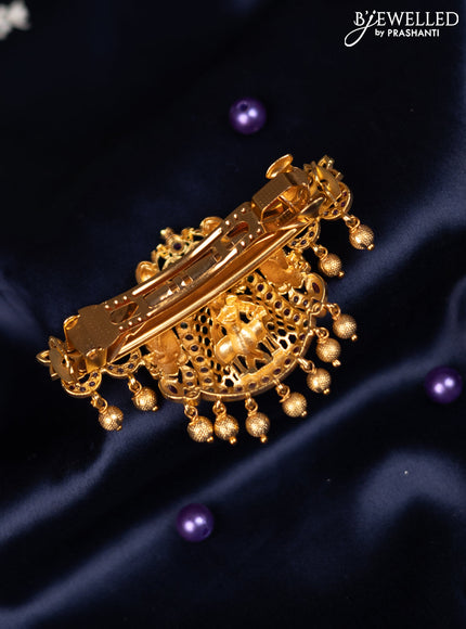 Antique hair clip big size krishna design with kemp stones and golden beads hanging