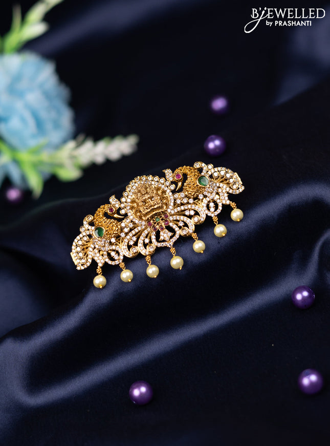 Antique hair clip medium size lakshmi design with kemp & cz stones and pearl hangings