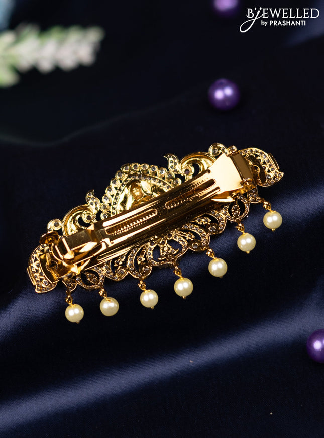 Antique hair clip medium size lakshmi design with kemp & cz stones and pearl hangings