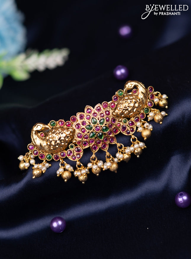 Antique hair clip medium size peacock design with kemp stones and pearl & golden beads hanging