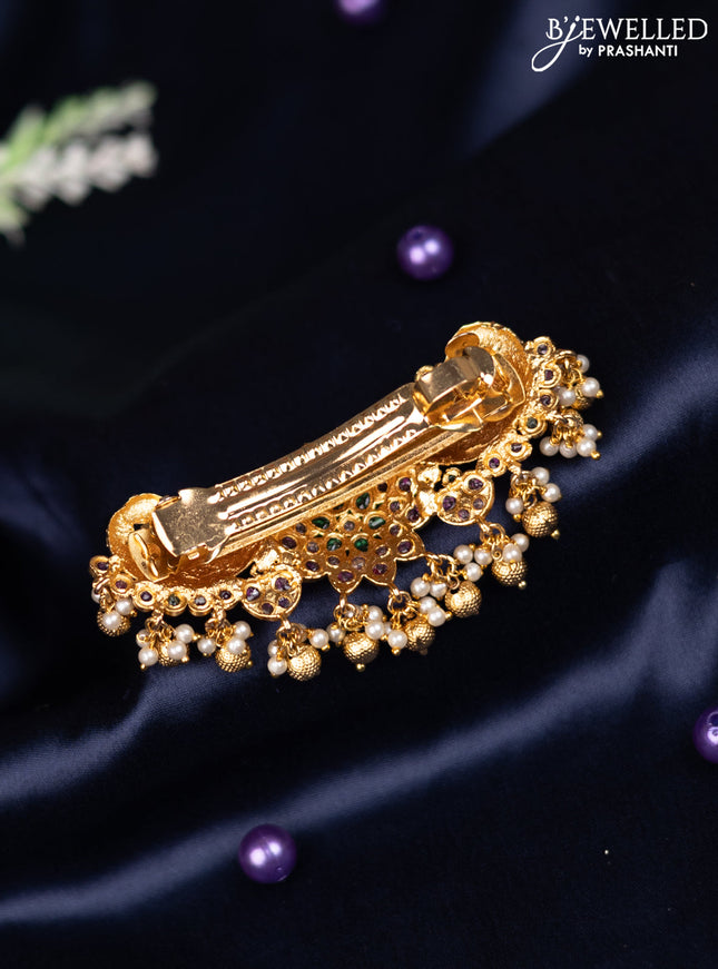 Antique hair clip medium size peacock design with kemp stones and pearl & golden beads hanging