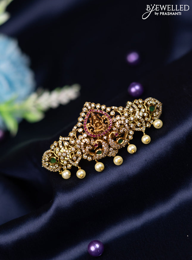 Antique hair clip medium size lakshmi design with kemp & cz stones and pearl hangings