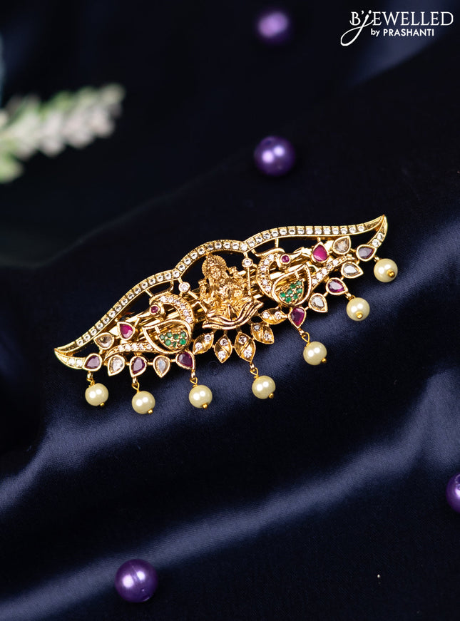 Antique hair clip medium size lakshmi design with kemp & cz stones and pearl hangings