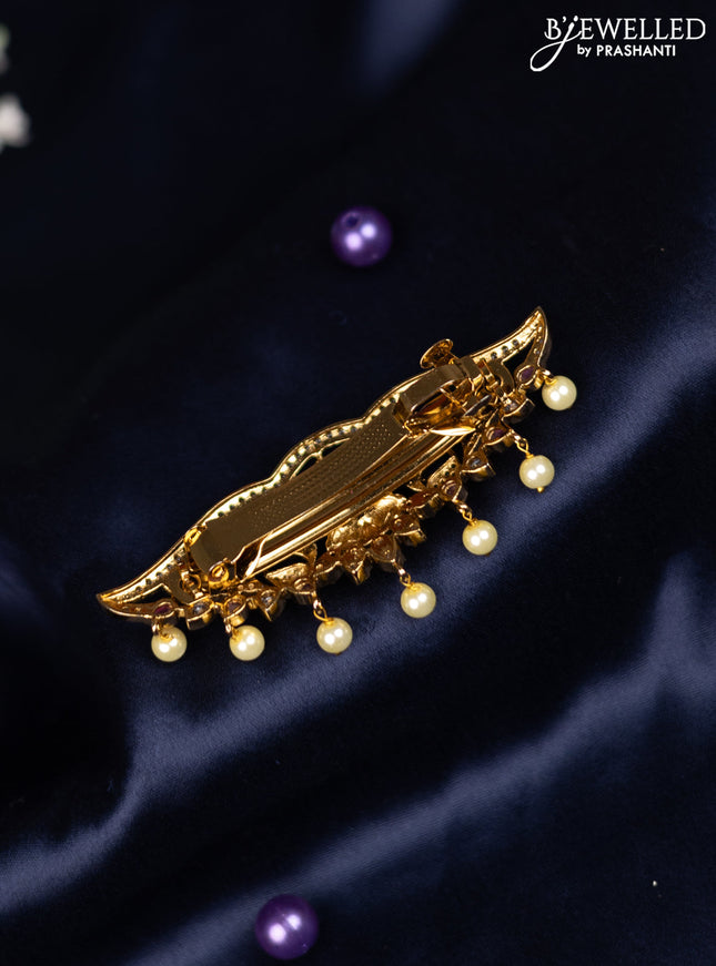 Antique hair clip medium size lakshmi design with kemp & cz stones and pearl hangings