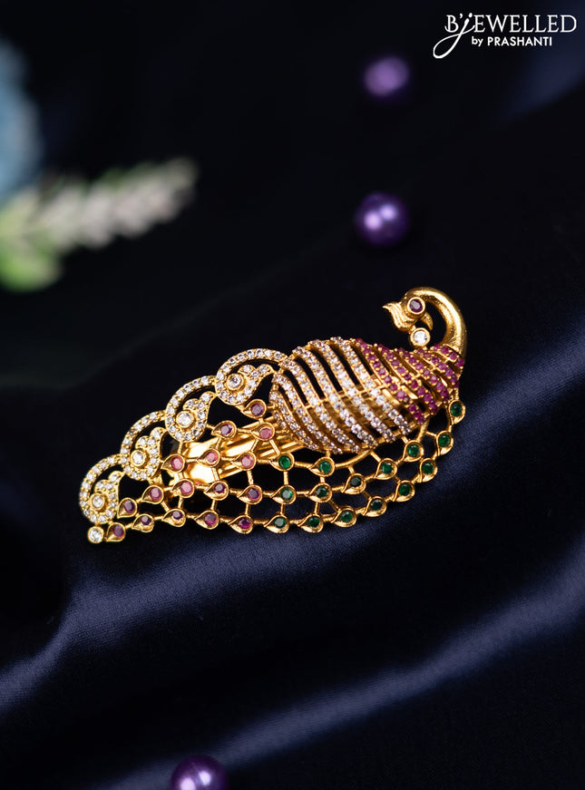 Antique hair clip medium size peacock design with kemp and cz stones