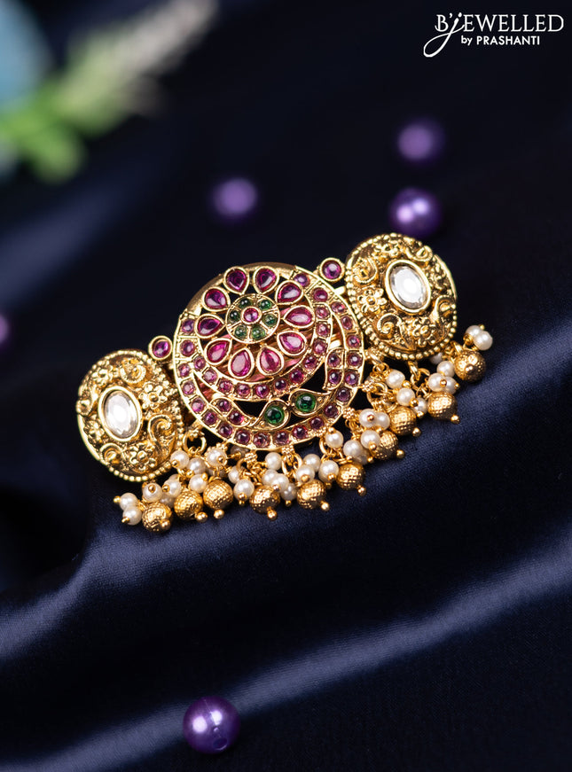 Antique hair clip small size with kemp & kundan stones and pearl & golden beads hanging